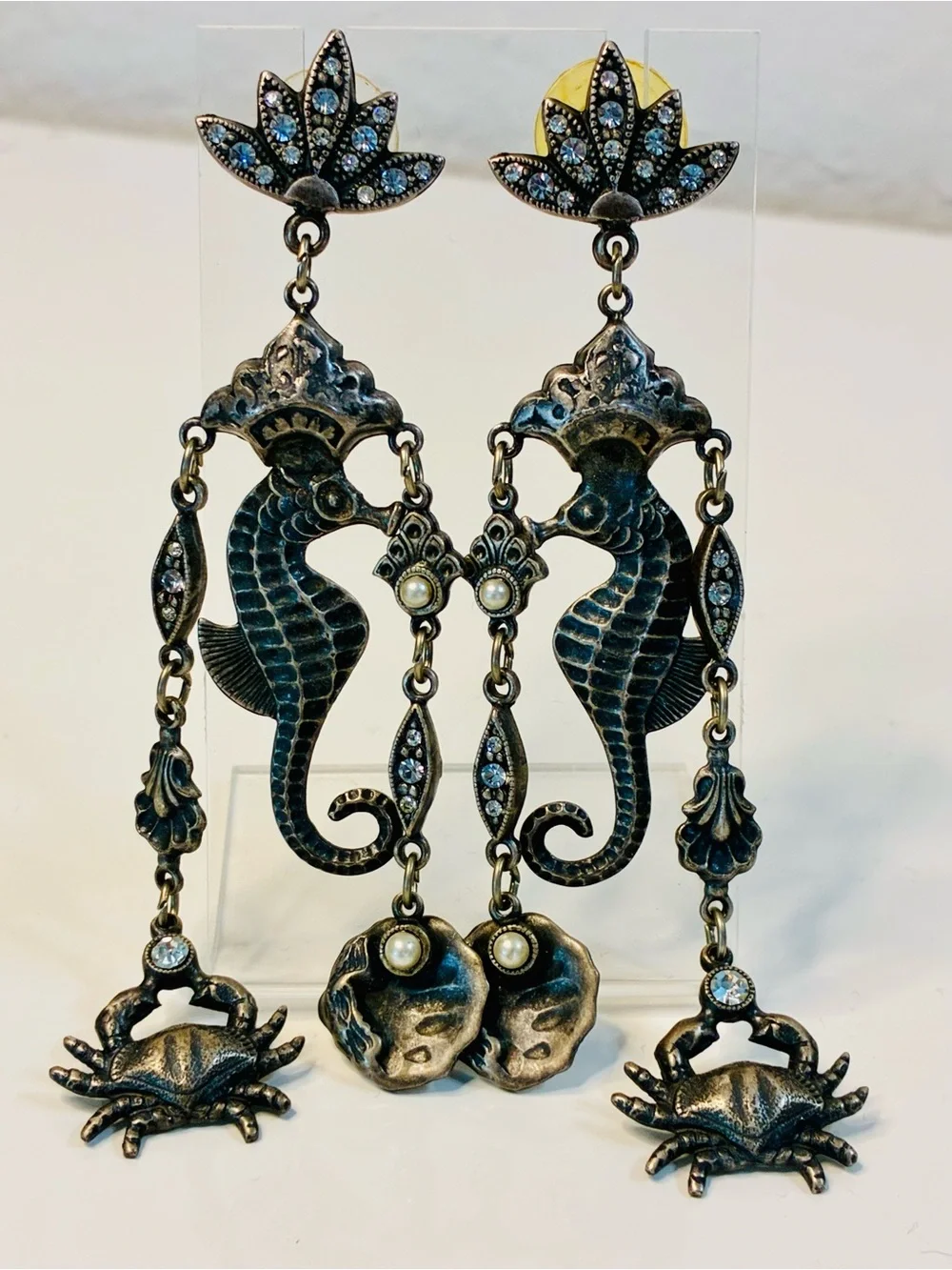 VTG Banana Bob Art Deco Style Sea Horse Dangling Chandelier Pierced Earrings EUC